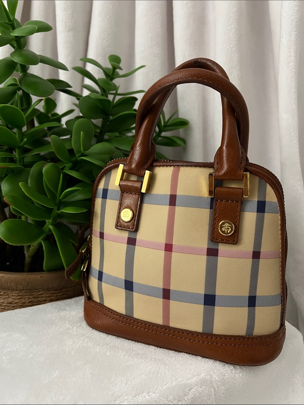 Brooks Brothers Beige Plaid Mini Satchel with Brown Leather Trim